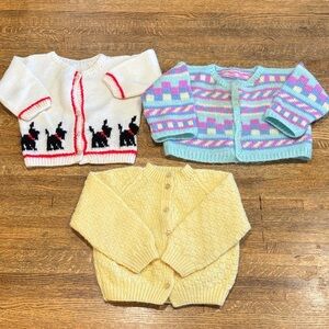 Vintage Hand Knitted Infant Cardigan Trio - White w/dogs,Multicolor, Yellow
